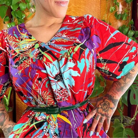 SEARS ROEBUCK 60’s 60s Vintage 70s DEADSTOCK Polished Cotton Hawaiian Dress L XL - Picture 6 of 9